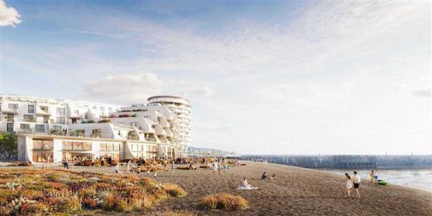 Illustration of revised plans for Folkestone harbor and seafront transformation.