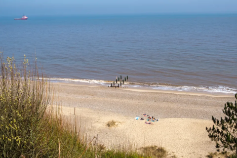 Sandy beach with remnants of a pier, people sunbathing, and a ship in the distance.