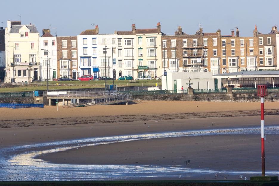 Margate, England beachfront with hotels and cafes.