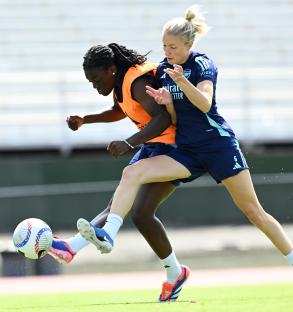 Arsenal Women's soccer players Michelle Agyemang and Leah Williamson in a training session.