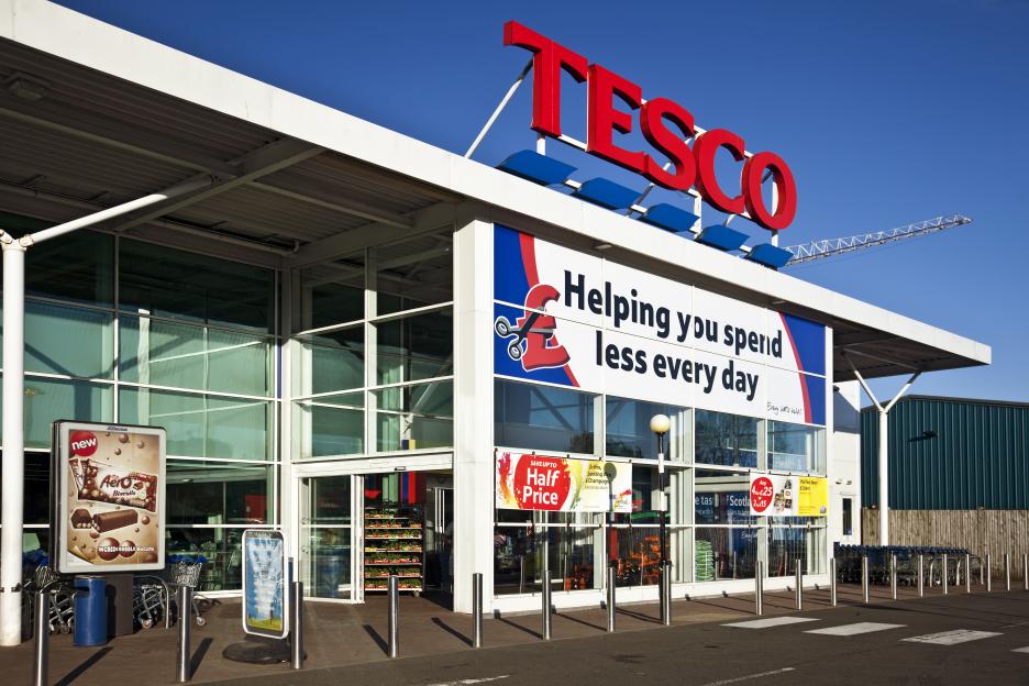 Tesco superstore entrance with signage.