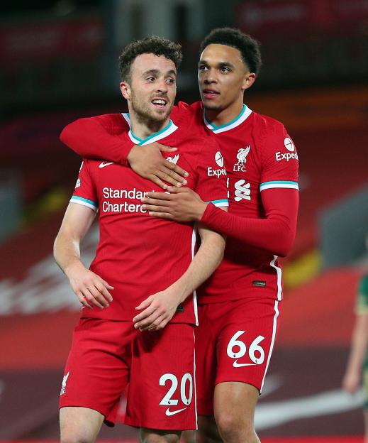 Diogo Jota and Trent Alexander-Arnold celebrating a goal.
