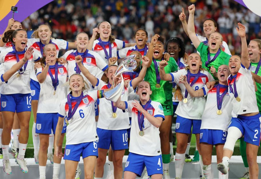 England's women's soccer team celebrates winning the UEFA Women's Euro 2025.