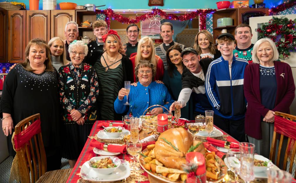 The cast of Mrs. Brown's Boys at a Christmas dinner.
