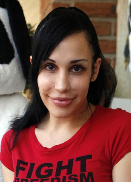 Nadya Suleman, also known as Octomom, wearing a red t-shirt.