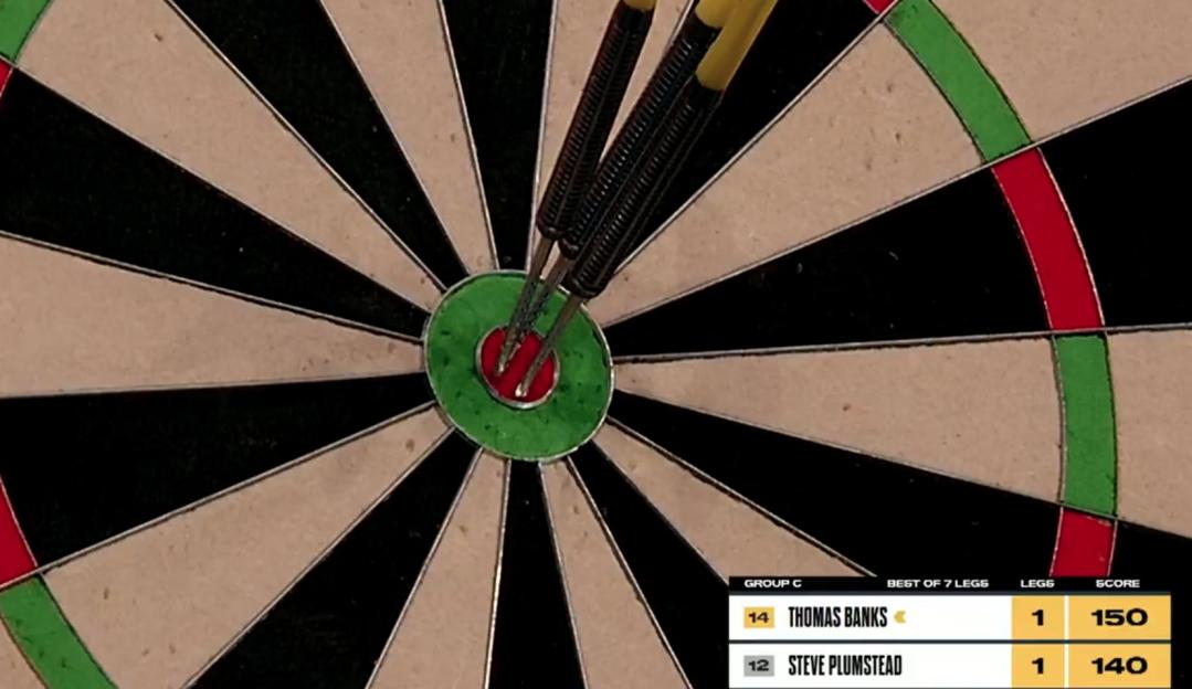 Three darts hitting the bullseye of a dartboard; scoreboard shows Thomas Banks and Steve Plumstead's scores.