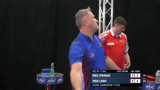 Niko Springer and Pero Ljubic playing darts; score shown.