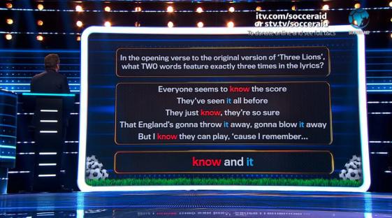 Screenshot of a game show question asking which two words appear three times in the opening verse of