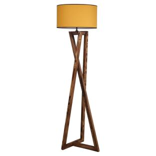 Wooden floor lamp with mustard yellow shade.