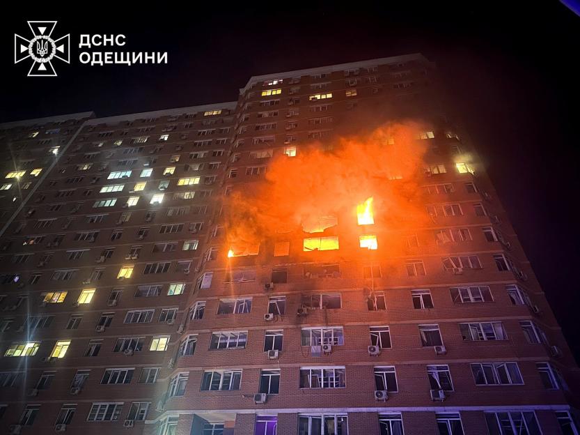 Apartment building in Odesa, Ukraine, hit by a Russian drone strike.