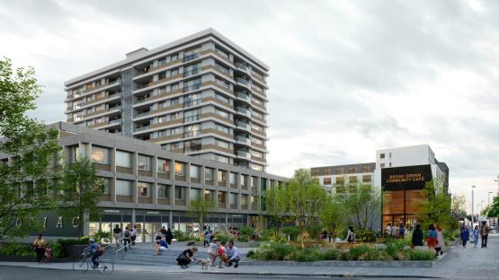 Illustration of refurbed flats and a community cafe in West Croydon.