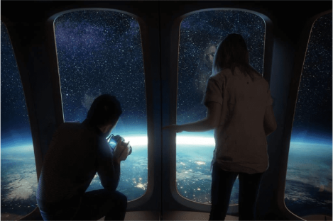 Two people viewing Earth from a spacecraft window.