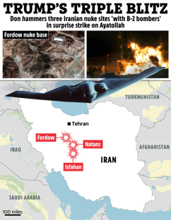 Illustration of a map showing three Iranian nuclear sites targeted in a surprise strike, along with images of the sites and a B-2 bomber.