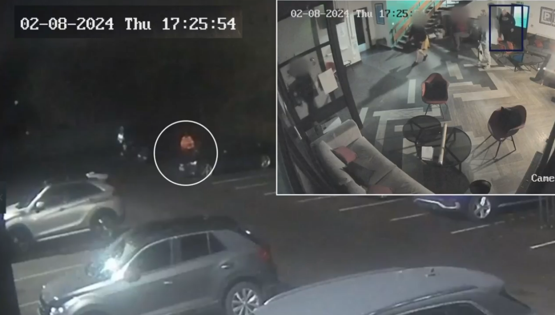 Security camera footage showing a person walking in a parking lot and a group of people inside a building.