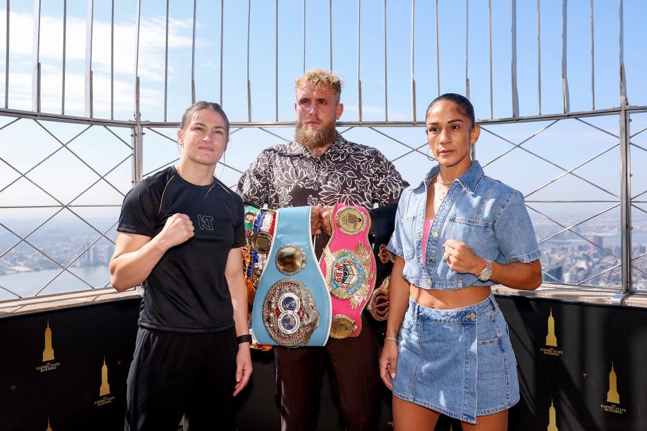 Katie Taylor, Jake Paul, and Amanda Serrano at the Empire State Building.