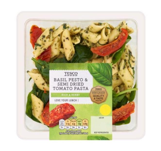 Tesco basil pesto and semi-dried tomato pasta in a plastic container.