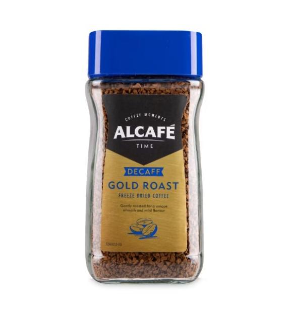 Jar of ALCAFÃ decaf gold roast freeze-dried coffee.