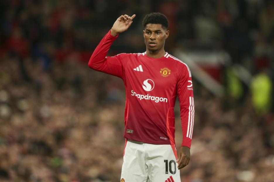 FILE - Manchester United's Marcus Rashford gestures during the Premier League soccer match between Manchester United and Chelsea at Old Trafford stadium in Manchester, England, on Nov. 3, 2024. (AP Photo/Ian Hodgson, File)
