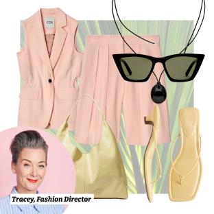 Collage of Tracey, Fashion Director, and her outfit choices: pink sleeveless blazer, pink shorts, pale yellow handbag and sandals, and black sunglasses.