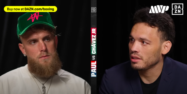 Jake Paul and J. Chávez Jr. in a side-by-side promotional image for their boxing match.