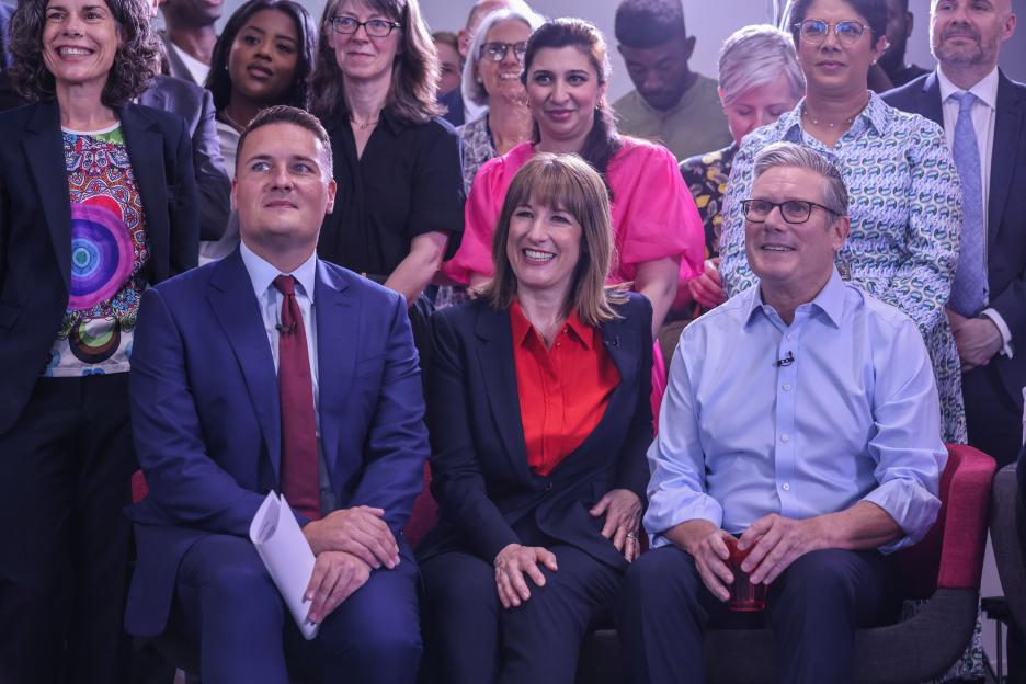 Wes Streeting, Rachel Reeves, and Keir Starmer at a health plan launch.
