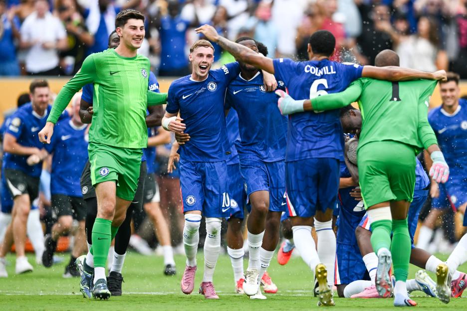 Chelsea FC players celebrating a victory.