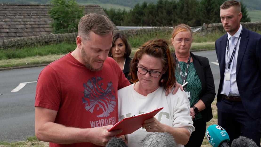 Mother of hit-and-run victim reading statement to media.