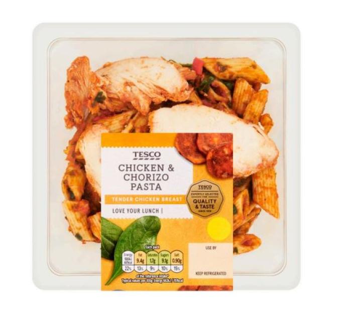 Tesco Chicken & Chorizo Pasta in a plastic container.