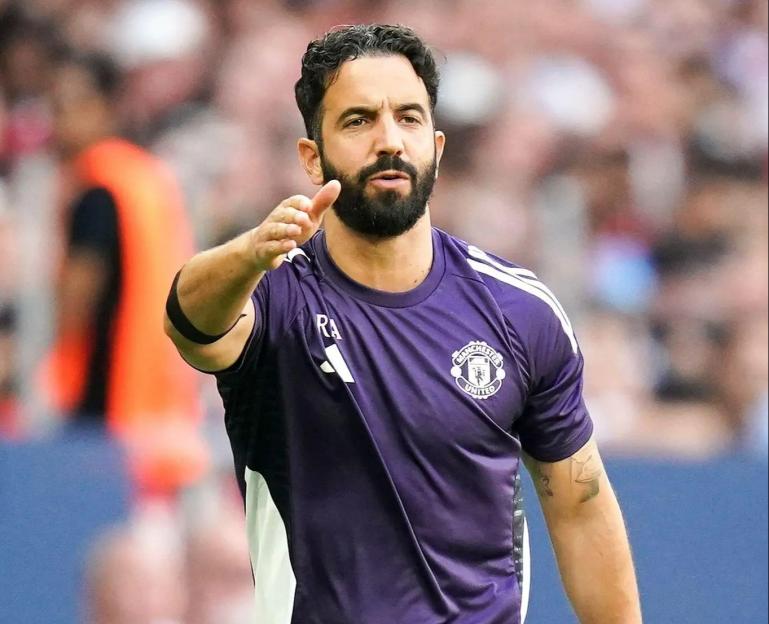 Ruben Amorim, Manchester United head coach, gesturing during a pre-season friendly match.
