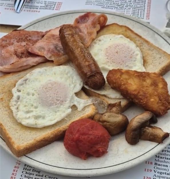A plate of a full English breakfast.