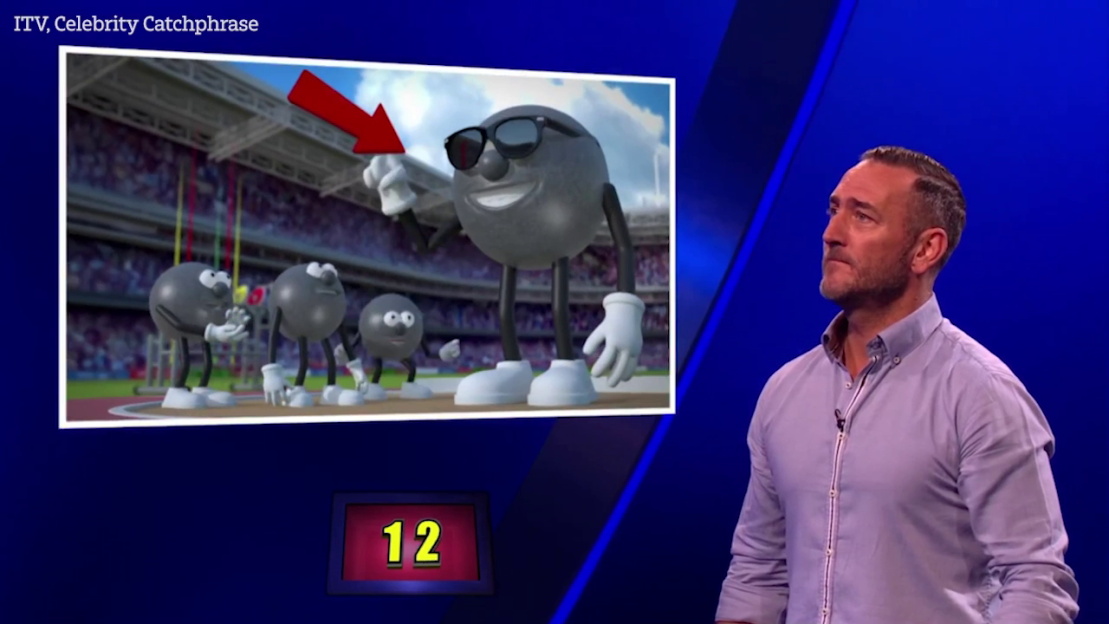 Screenshot of a game show: animated characters and a man.