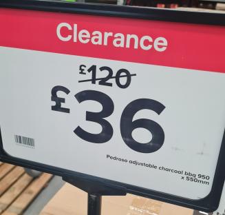Clearance sign: Pedroso adjustable charcoal BBQ, 950 x 550mm, reduced from £120 to £36.