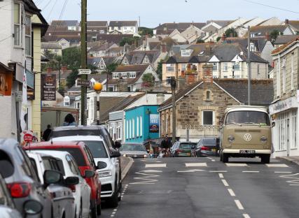 Traffic congestion in a Cornish village.