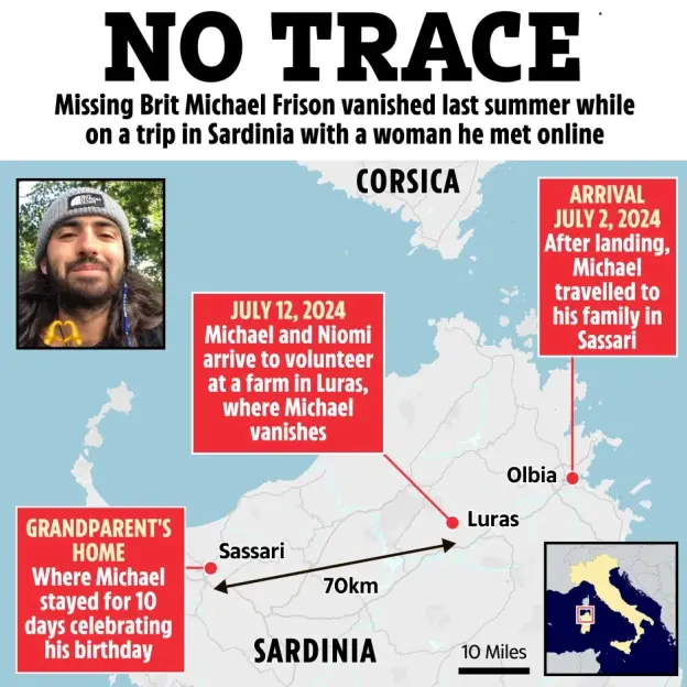Map showing the route of missing Brit Michael Frison's travels in Sardinia, indicating where he vanished.