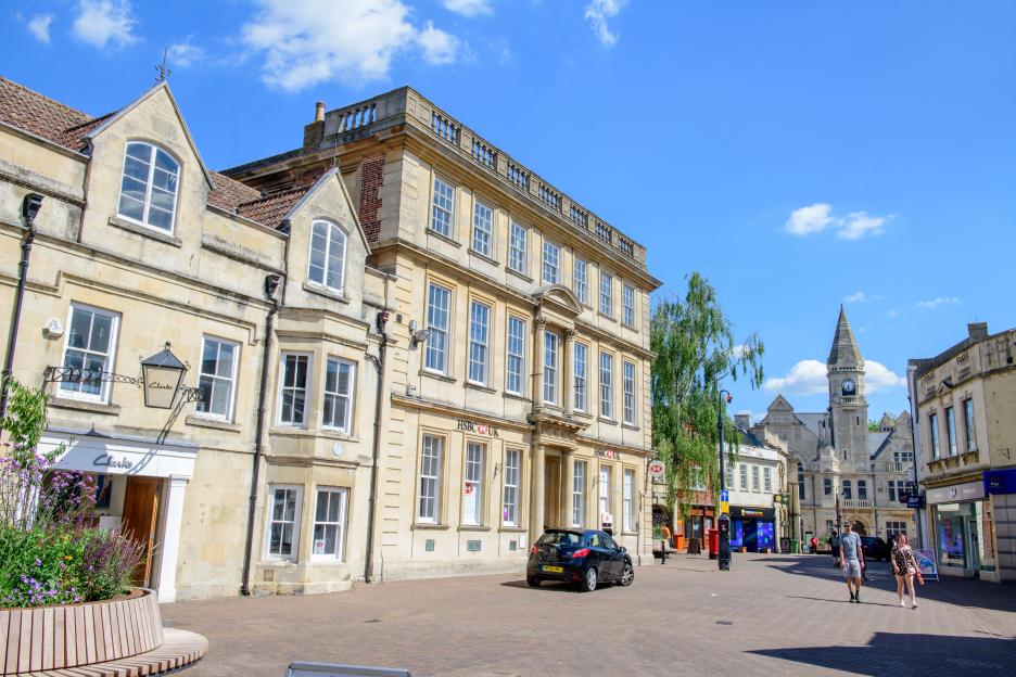 Trowbridge town center with the Town Hall in the background.