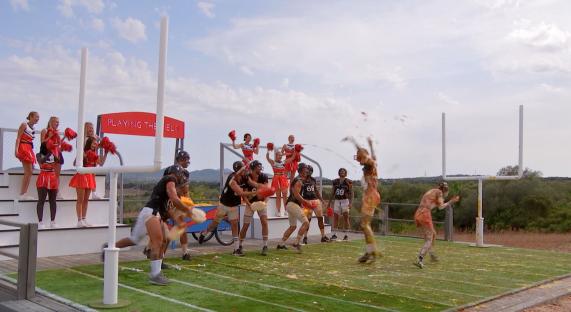 Islanders playing a field challenge on Love Island.