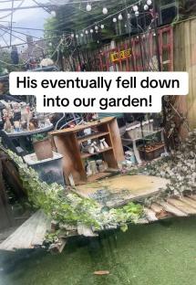 Debris and furniture in a garden.