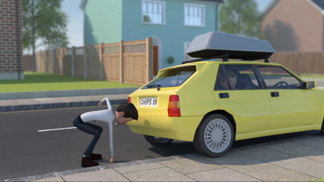 Illustration of a person inspecting the back of a yellow car.