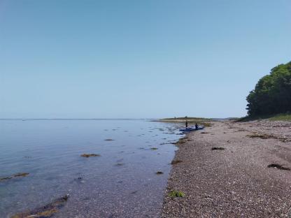 Kayakers on a pebble beach by Strangford Lough.