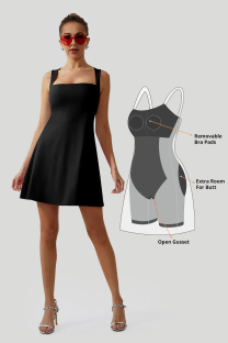 Illustration of a woman wearing a black dress with built-in shapewear, showing details of removable bra pads, extra room for the butt, and an open gusset.