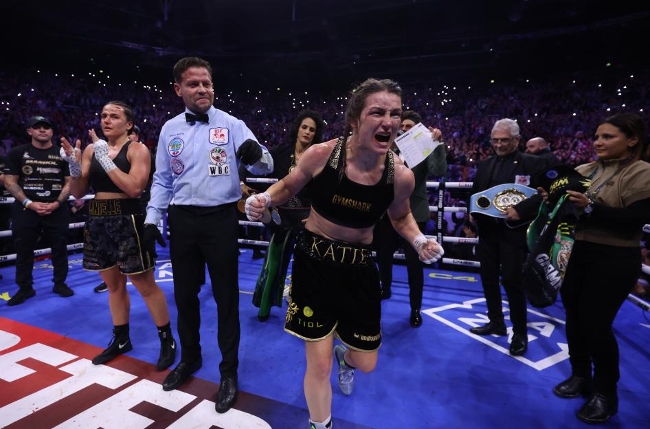 Katie Taylor celebrates her boxing victory.