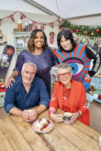 Alison Hammond and Noel Fielding with judges Paul Hollywood and Prue Leith on The Great Christmas Bake Off.