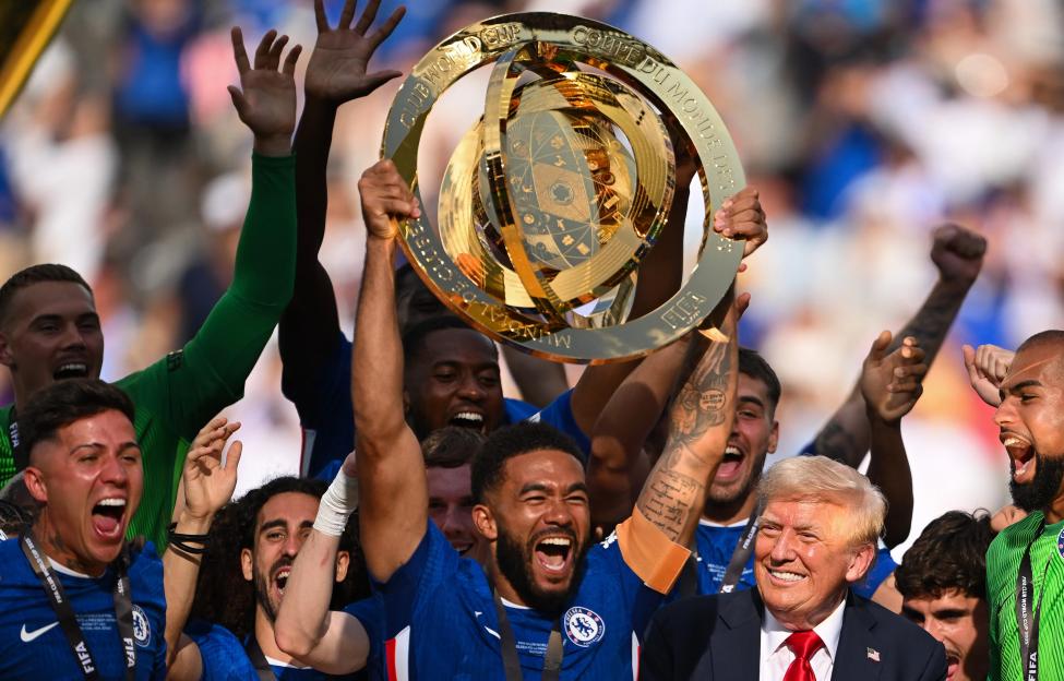 Chelsea FC players celebrating their FIFA Club World Cup victory with Donald Trump.