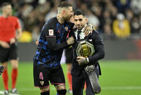 Ilia Topuria and Sergio Ramos at a Real Madrid v Sevilla La Liga match.