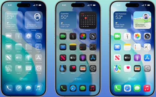 Illustration of three iPhone home screens.