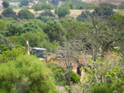 Search teams using a backhoe in a wooded area.