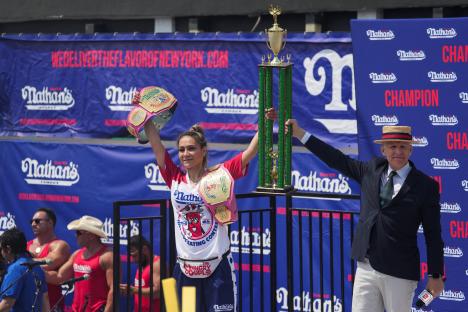 Miki Sudo wins the women's division of the Nathan's Hot Dog Eating Contest.