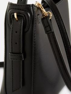 Close-up of a black belted bucket mini tote bag.