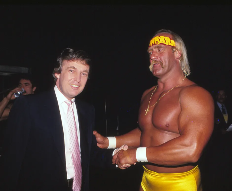 Donald Trump shaking hands with Hulk Hogan.