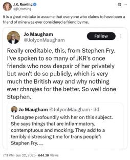 Screenshot of Twitter exchange between J.K. Rowling and Jo Maugham regarding Stephen Fry.